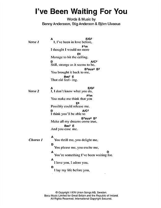ABBA I've Been Waiting For You sheet music notes and chords arranged for Guitar Chords/Lyrics