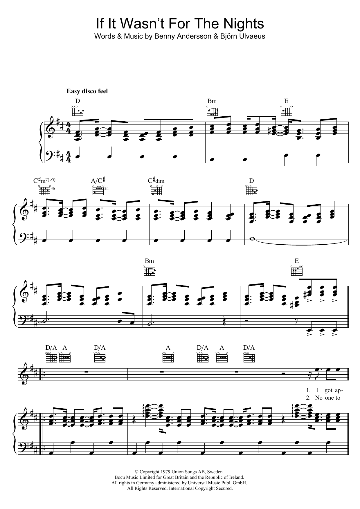ABBA If It Wasn't For The Nights sheet music notes and chords arranged for Piano, Vocal & Guitar Chords