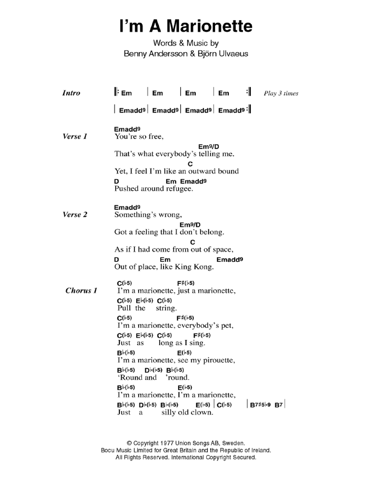 ABBA I'm A Marionette sheet music notes and chords arranged for Guitar Chords/Lyrics