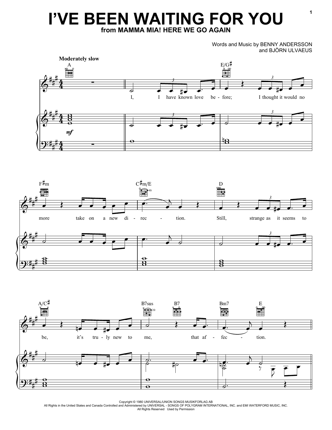 ABBA I've Been Waiting For You (from Mamma Mia! Here We Go Again) sheet music notes and chords arranged for Piano, Vocal & Guitar Chords (Right-Hand Melody)