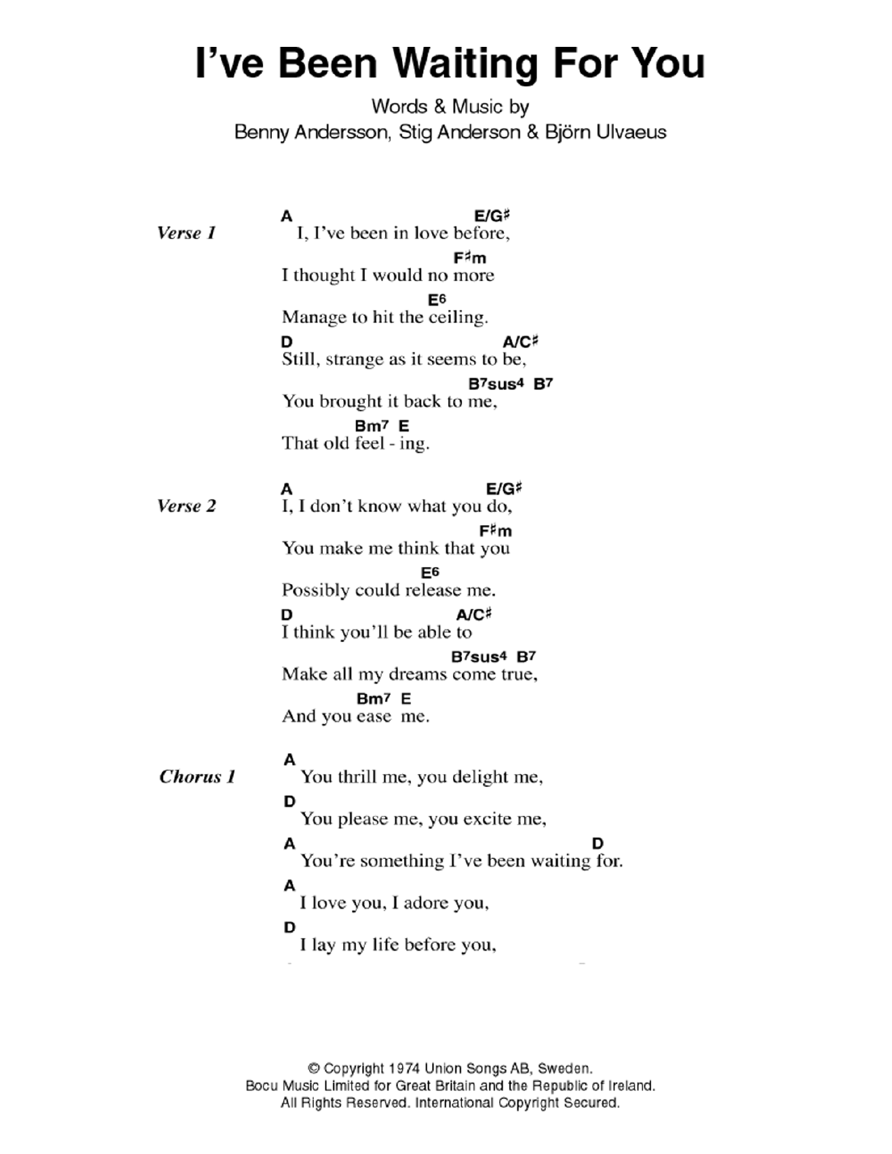 ABBA I've Been Waiting For You sheet music notes and chords arranged for Guitar Chords/Lyrics
