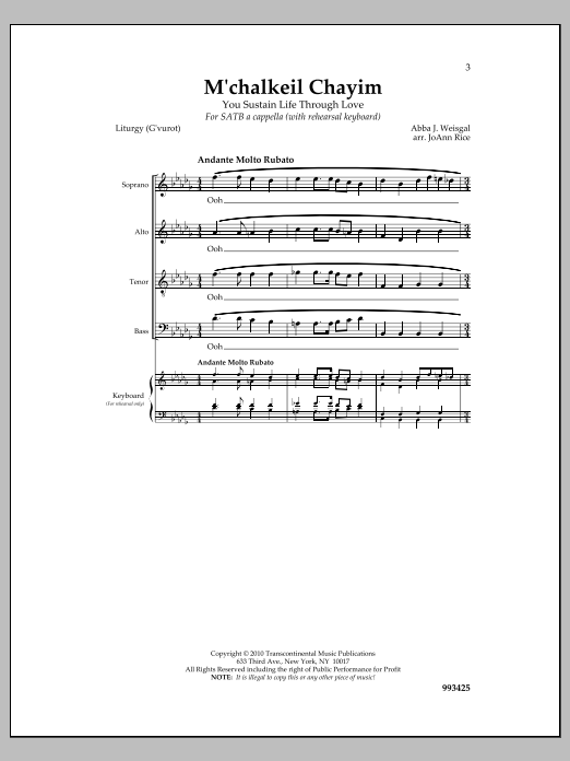 Abba J. Weisgall M'chalkeil Chayim sheet music notes and chords arranged for SATB Choir