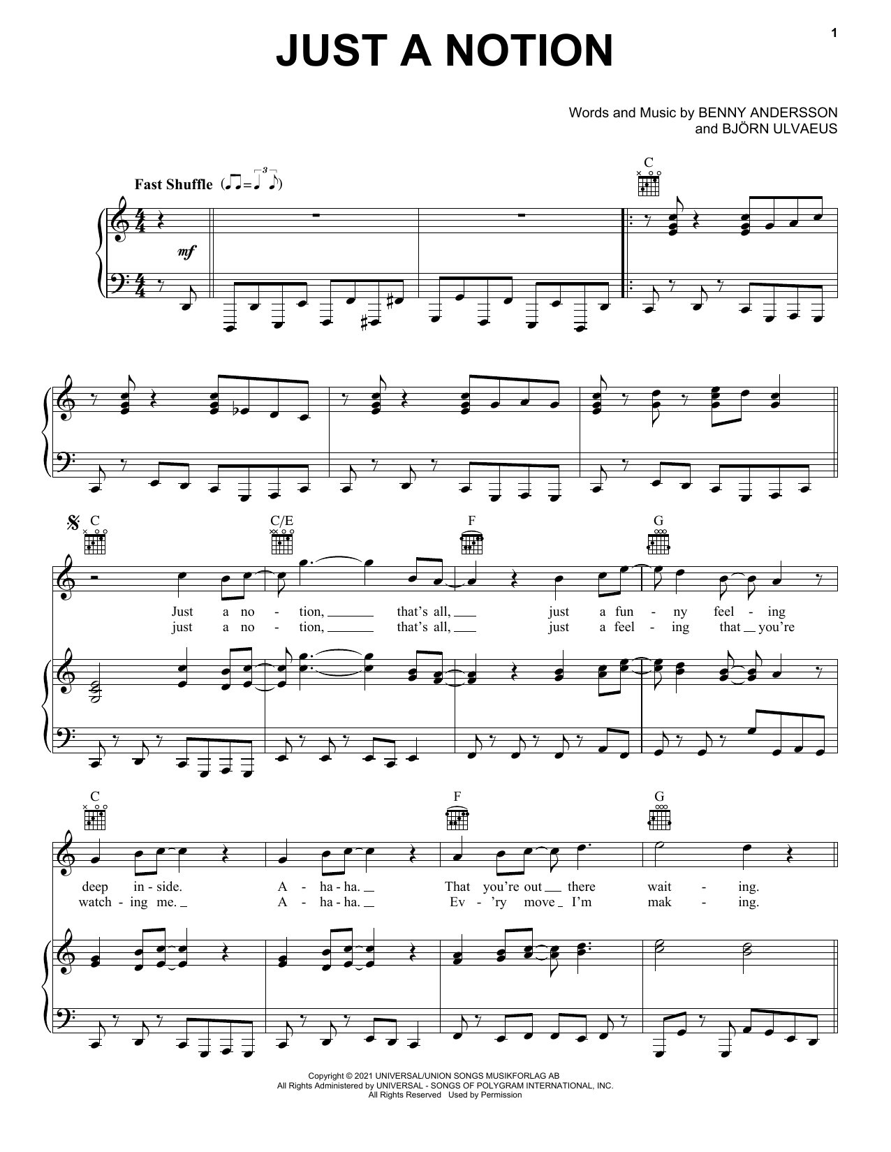 ABBA Just A Notion sheet music notes and chords arranged for Piano, Vocal & Guitar Chords (Right-Hand Melody)