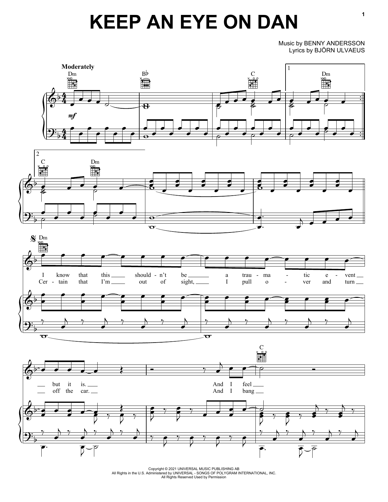 ABBA Keep An Eye On Dan sheet music notes and chords arranged for Piano, Vocal & Guitar Chords (Right-Hand Melody)