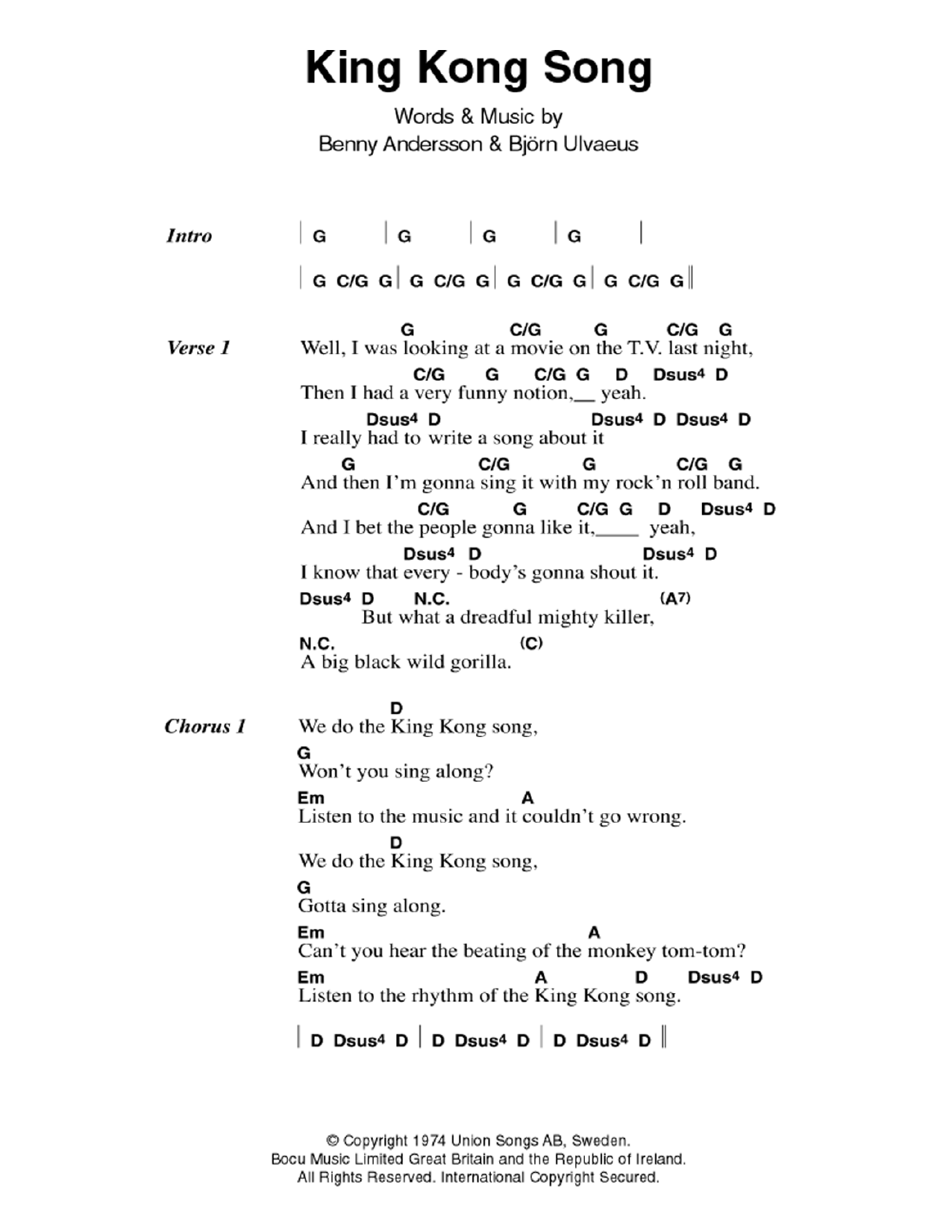 ABBA King Kong Song sheet music notes and chords arranged for Guitar Chords/Lyrics