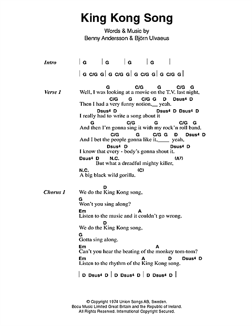 ABBA King Kong Song sheet music notes and chords arranged for Guitar Chords/Lyrics