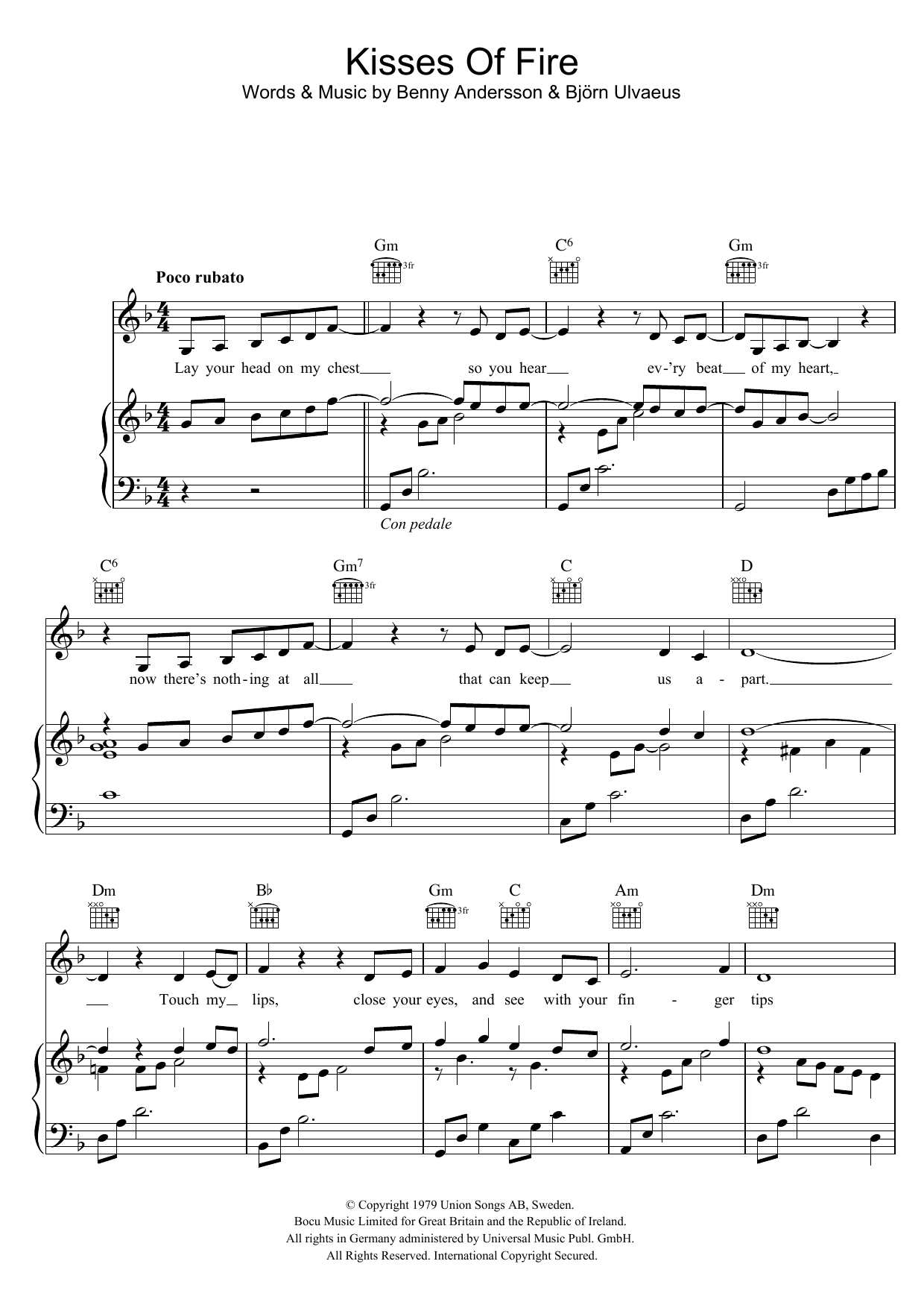 ABBA Kisses Of Fire sheet music notes and chords arranged for Piano, Vocal & Guitar Chords