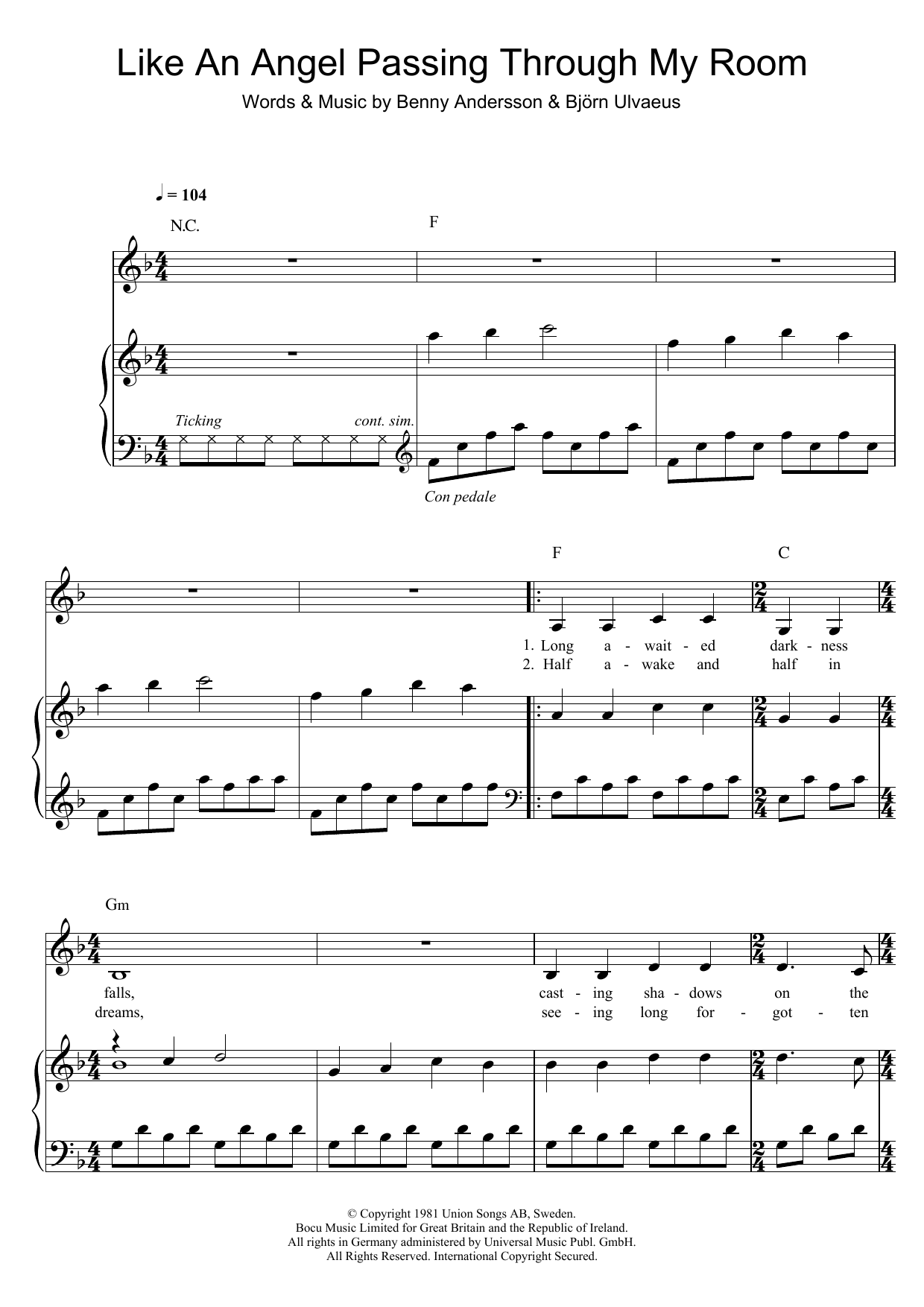 ABBA Like An Angel Passing Through My Room sheet music notes and chords arranged for Piano, Vocal & Guitar Chords