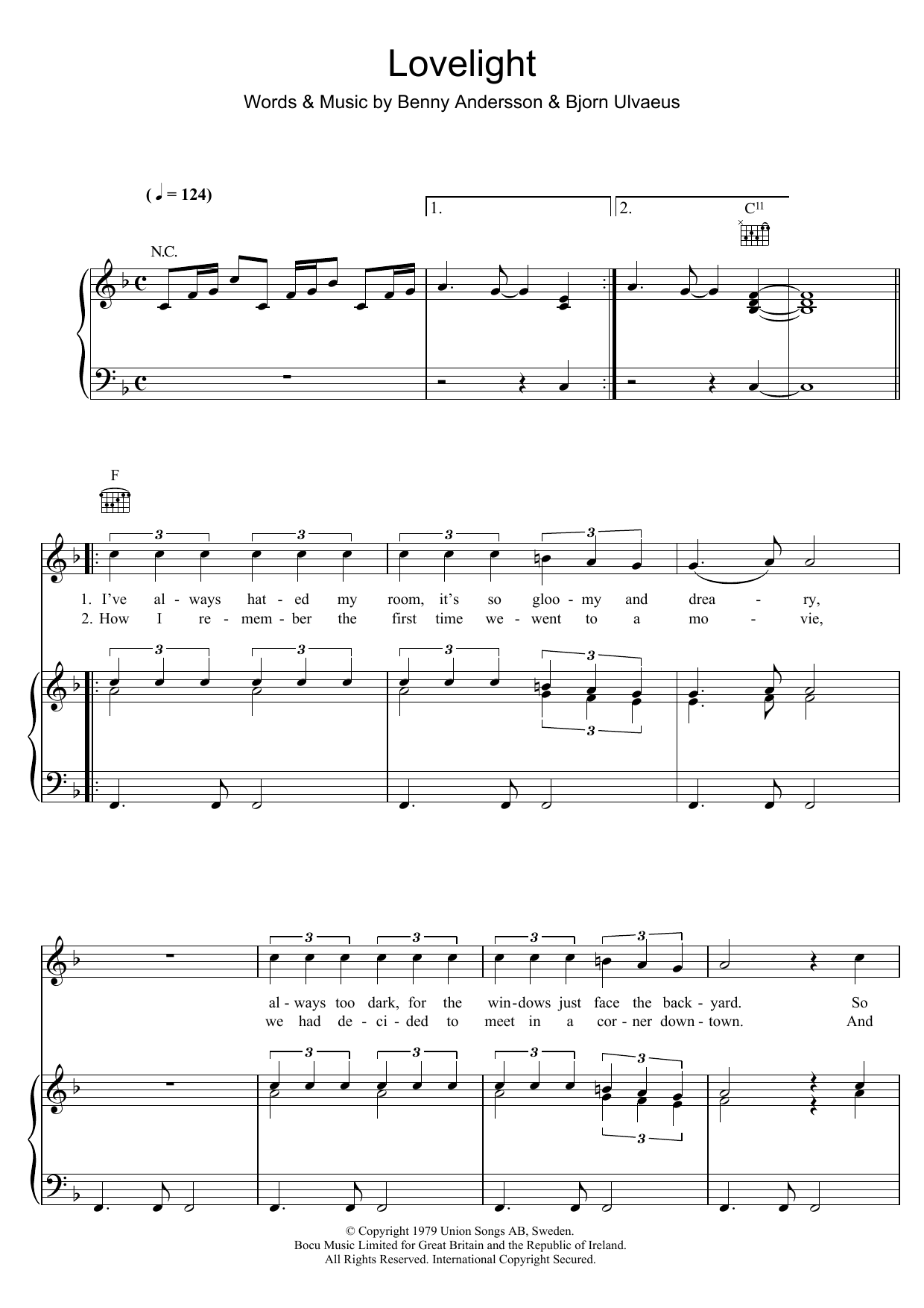 ABBA Lovelight sheet music notes and chords arranged for Piano, Vocal & Guitar Chords