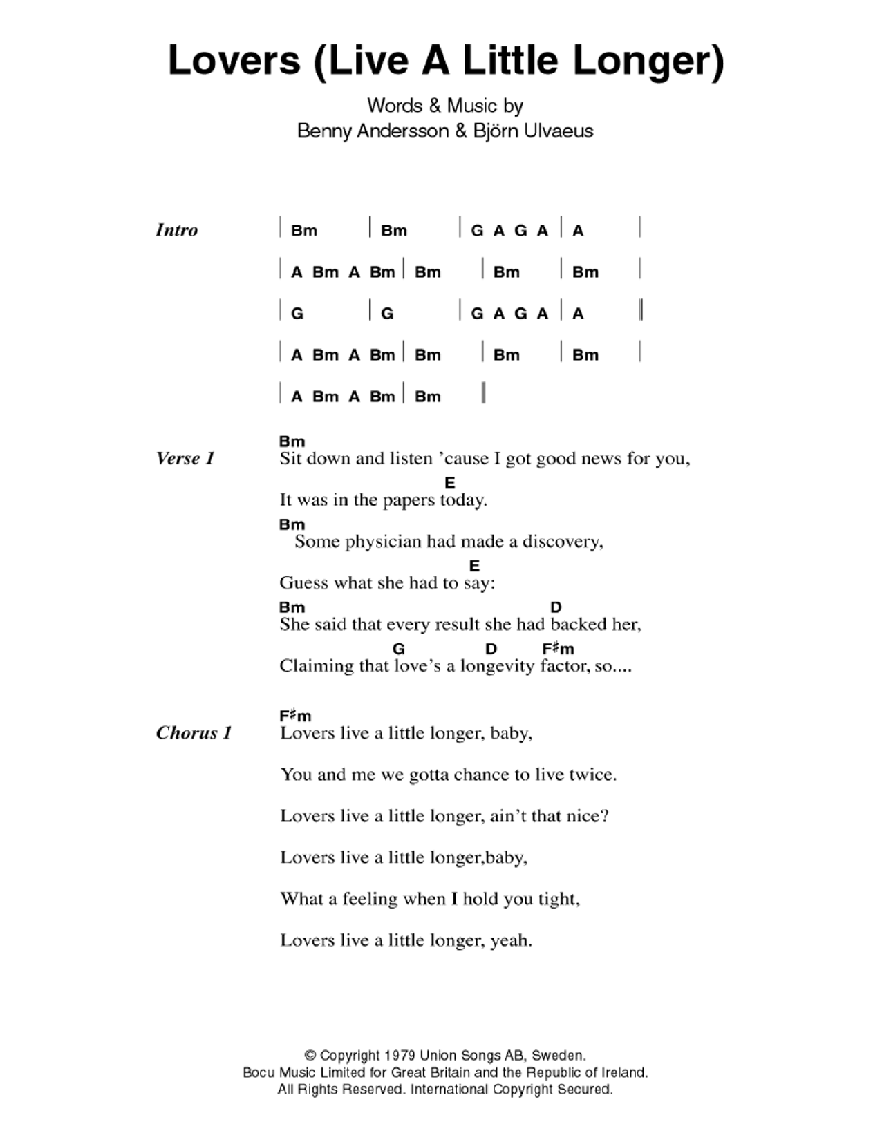 ABBA Lovers (Live A Little Longer) sheet music notes and chords arranged for Guitar Chords/Lyrics