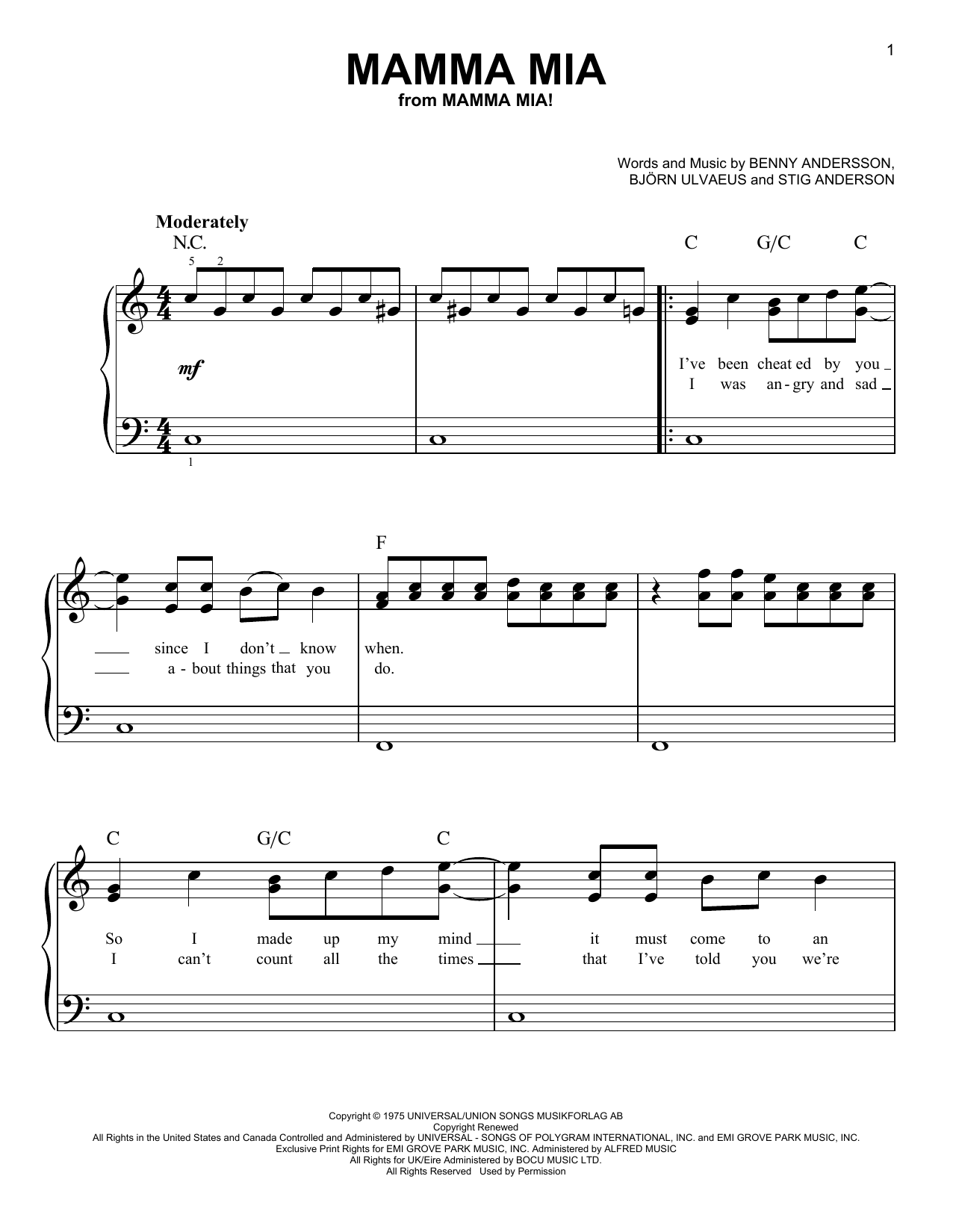 ABBA Mamma Mia (from the musical Mamma Mia!) sheet music notes and chords arranged for Very Easy Piano