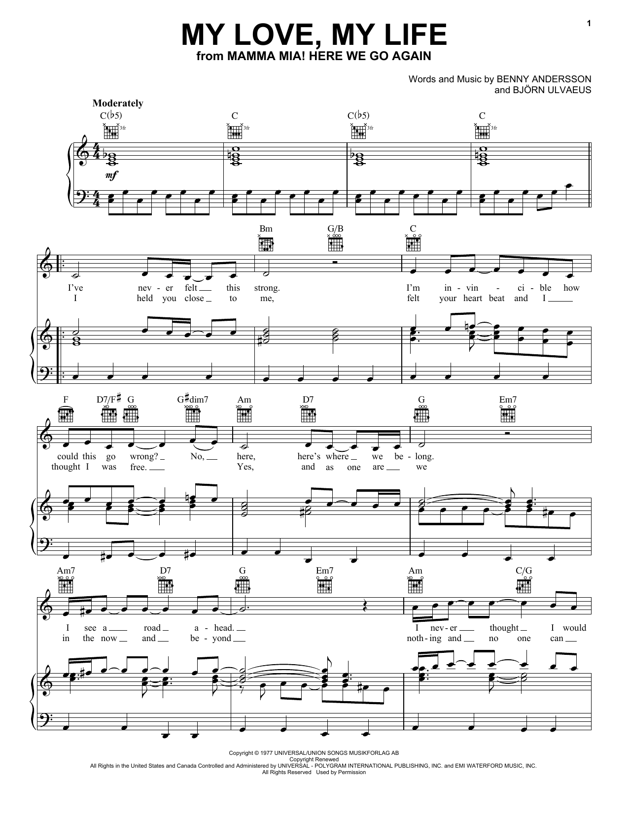 ABBA My Love, My Life (from Mamma Mia! Here We Go Again) sheet music notes and chords arranged for Easy Piano