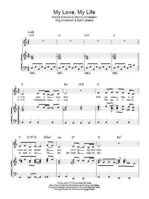 ABBA My Love, My Life sheet music notes and chords arranged for Piano, Vocal & Guitar Chords