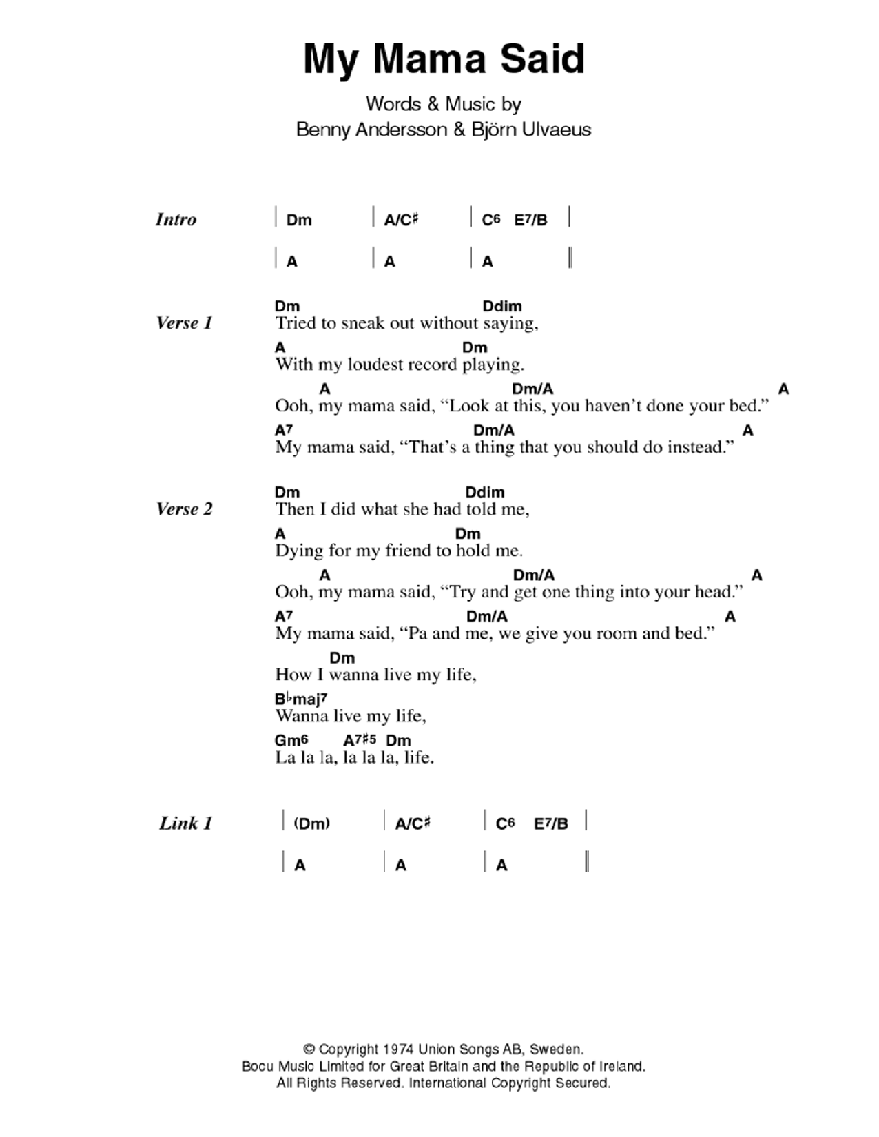 ABBA My Mama Said sheet music notes and chords arranged for Guitar Chords/Lyrics