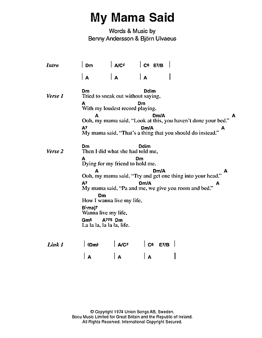 ABBA My Mama Said sheet music notes and chords arranged for Guitar Chords/Lyrics