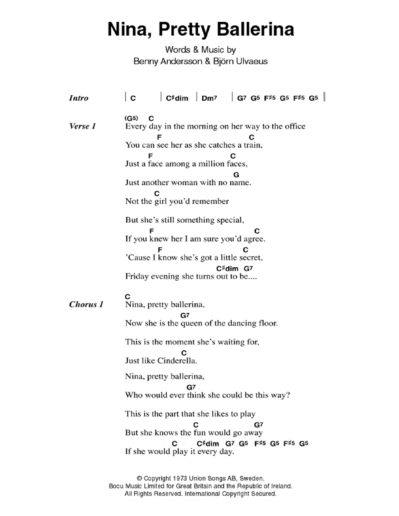 ABBA Nina, Pretty Ballerina sheet music notes and chords arranged for Guitar Chords/Lyrics