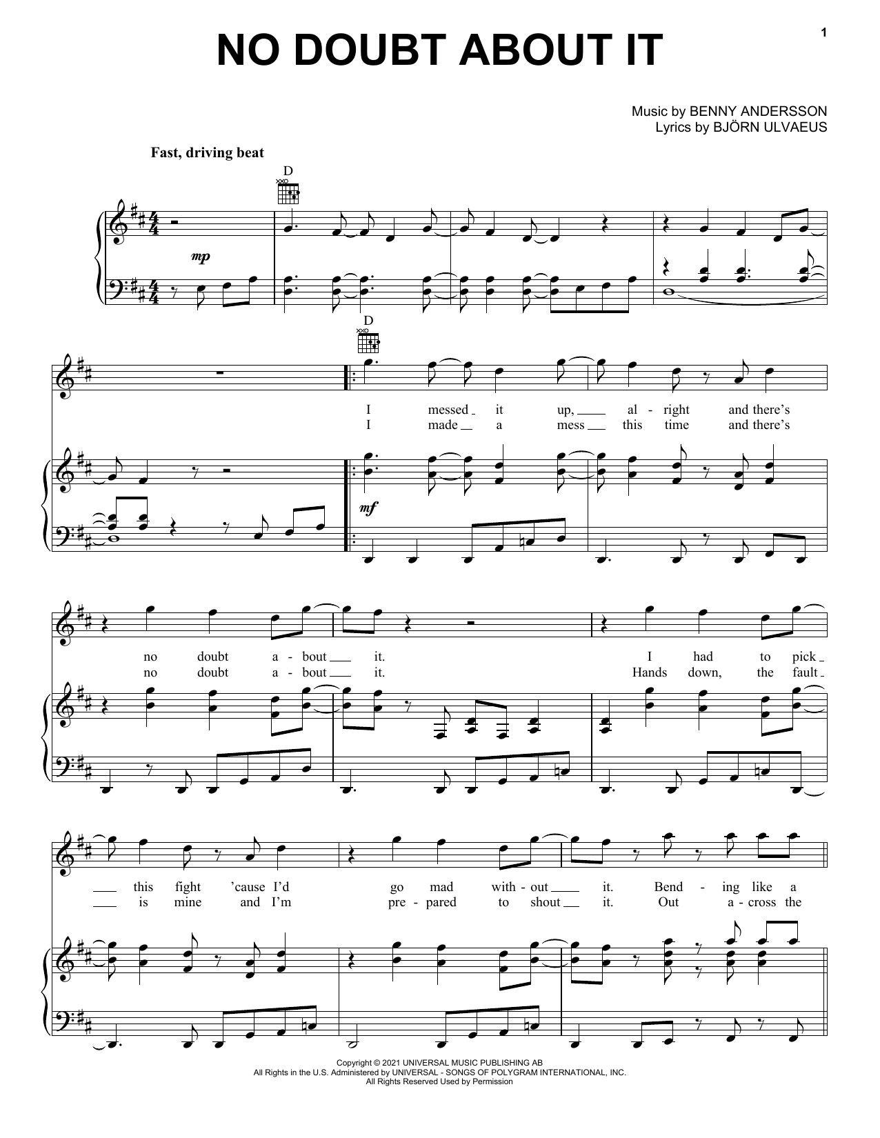 ABBA No Doubt About It sheet music notes and chords arranged for Piano, Vocal & Guitar Chords (Right-Hand Melody)