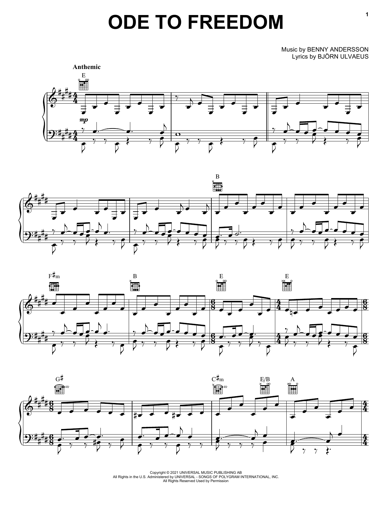 ABBA Ode To Freedom sheet music notes and chords arranged for Piano, Vocal & Guitar Chords (Right-Hand Melody)