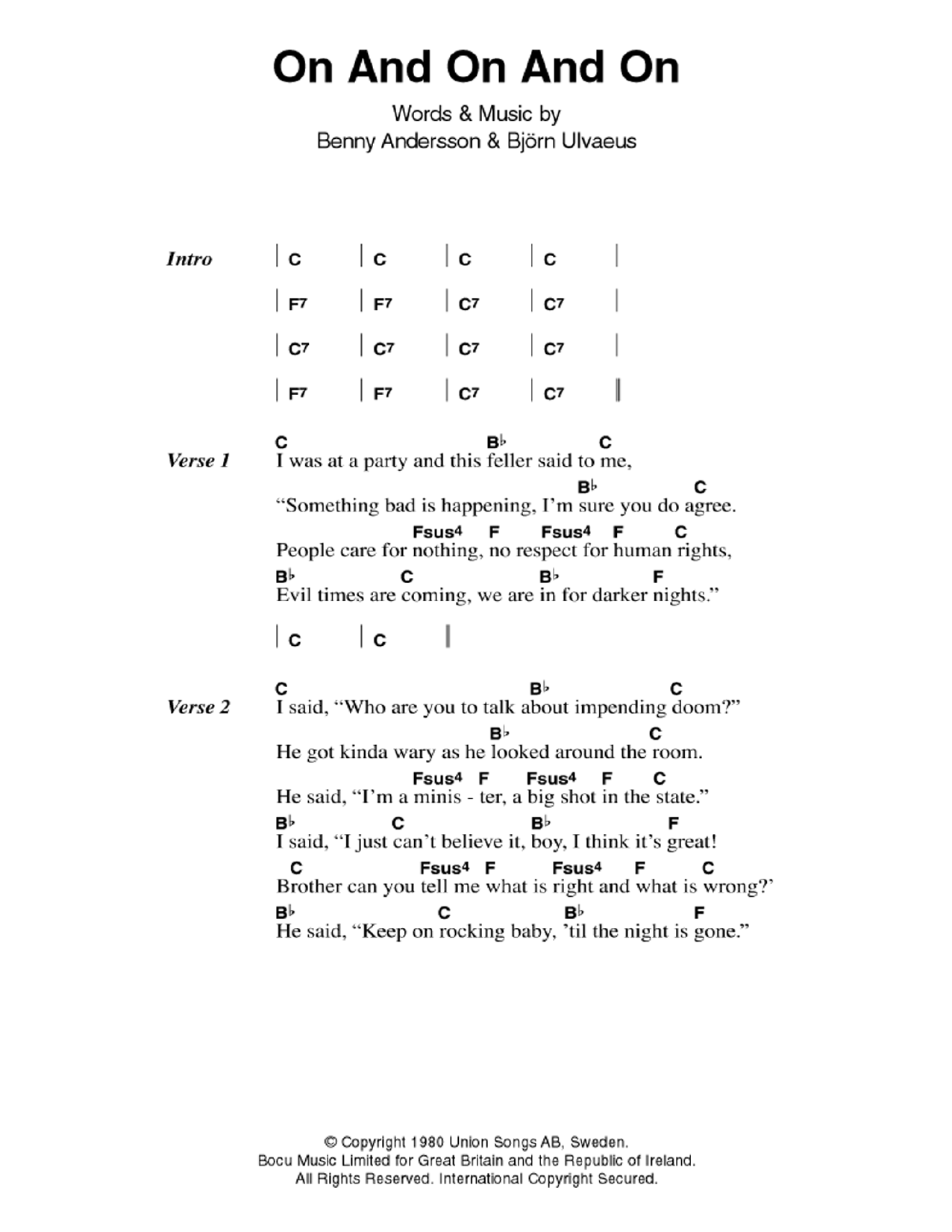 ABBA On And On And On sheet music notes and chords arranged for Piano, Vocal & Guitar Chords