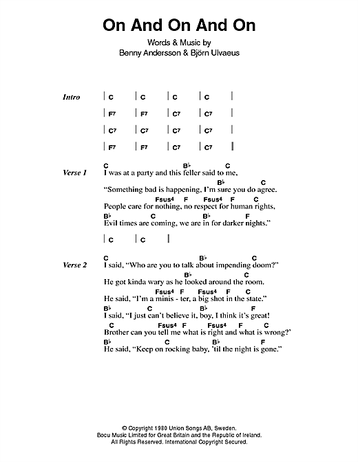 ABBA On And On And On sheet music notes and chords arranged for Guitar Chords/Lyrics