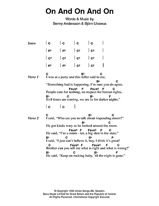 ABBA On And On And On sheet music notes and chords arranged for Piano, Vocal & Guitar Chords