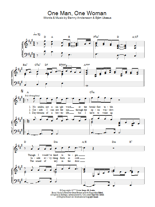 ABBA One Man, One Woman sheet music notes and chords arranged for Piano, Vocal & Guitar Chords