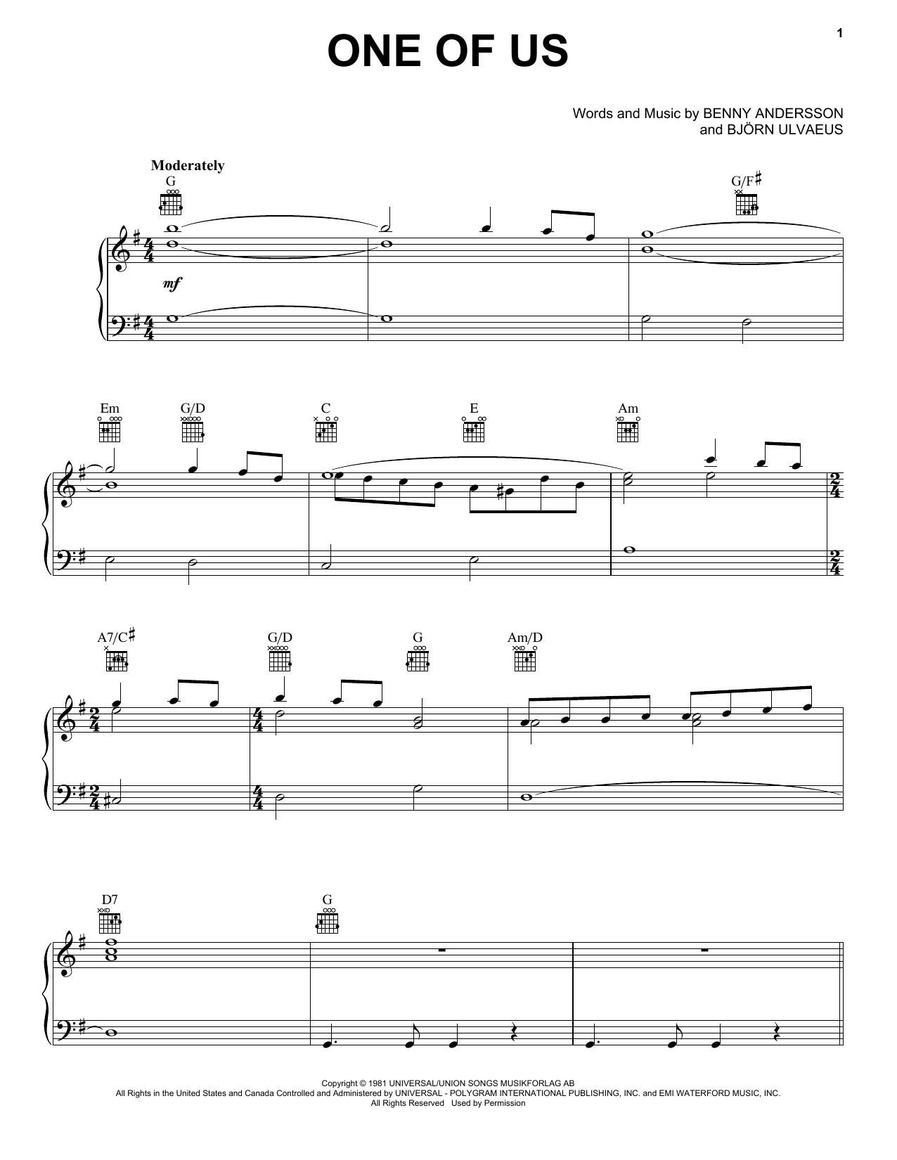ABBA One Of Us (from Mamma Mia! Here We Go Again) sheet music notes and chords arranged for Easy Piano