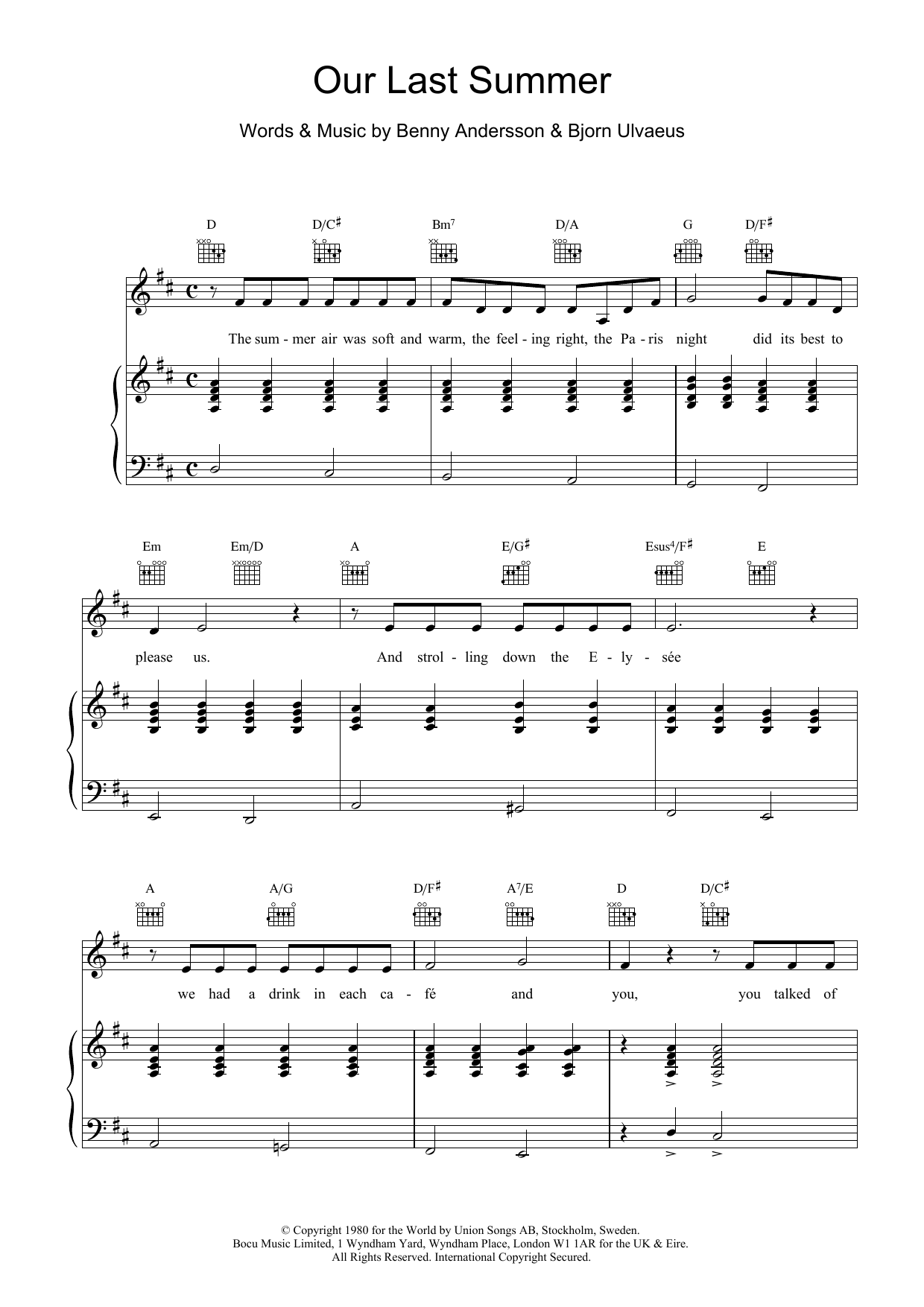 ABBA Our Last Summer sheet music notes and chords arranged for Really Easy Piano