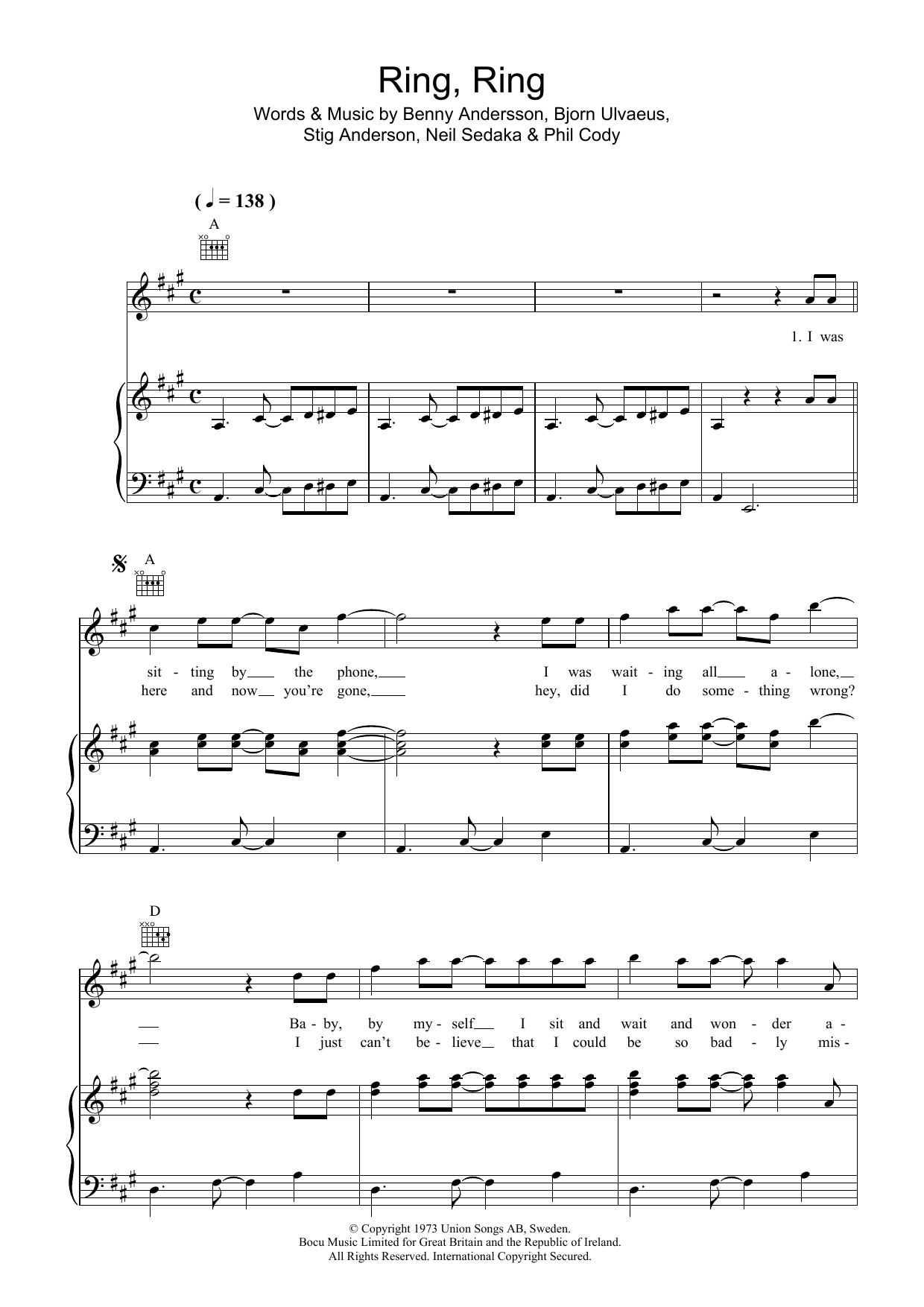 ABBA Ring, Ring sheet music notes and chords arranged for Really Easy Piano