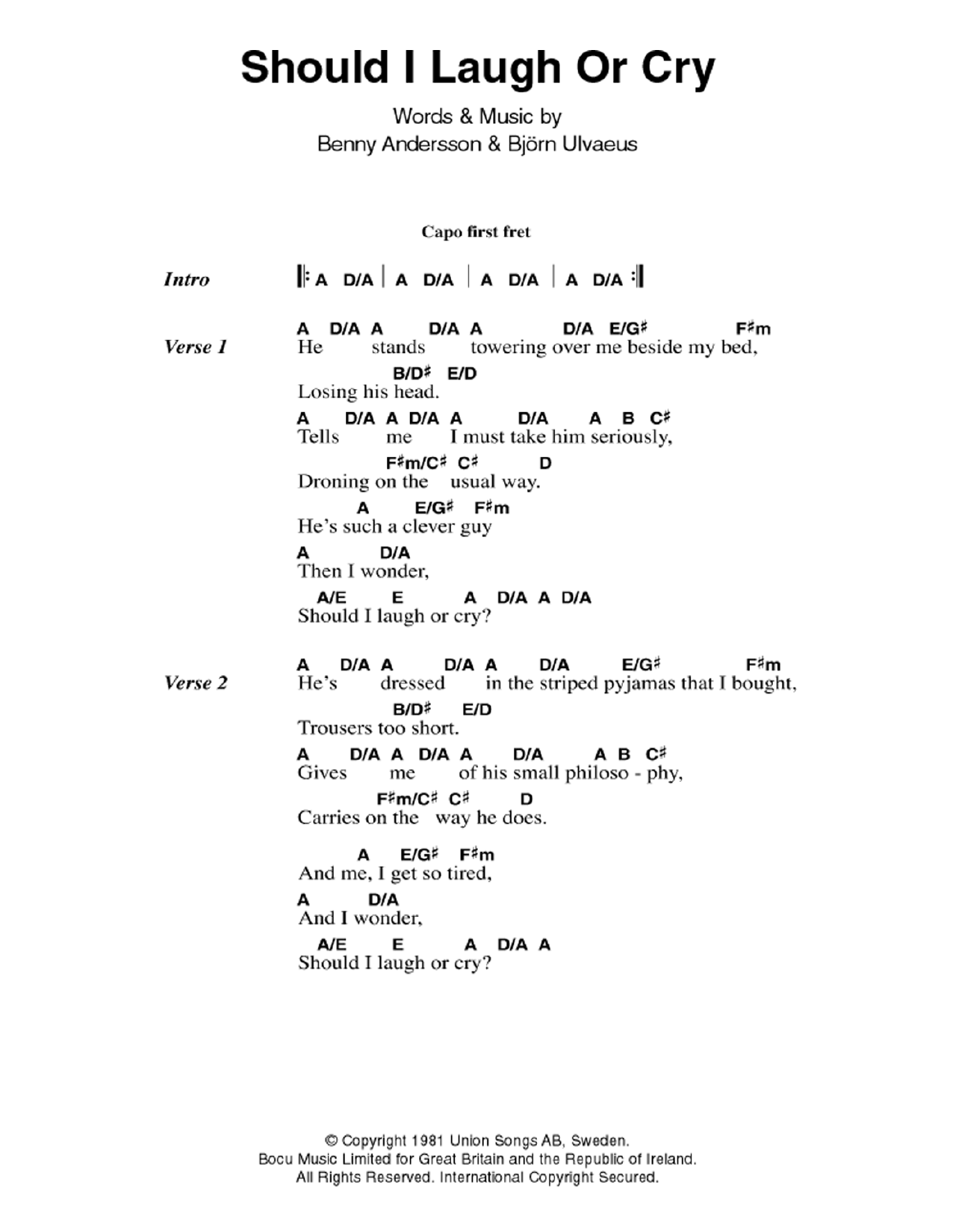 ABBA Should I Laugh Or Cry sheet music notes and chords arranged for Guitar Chords/Lyrics
