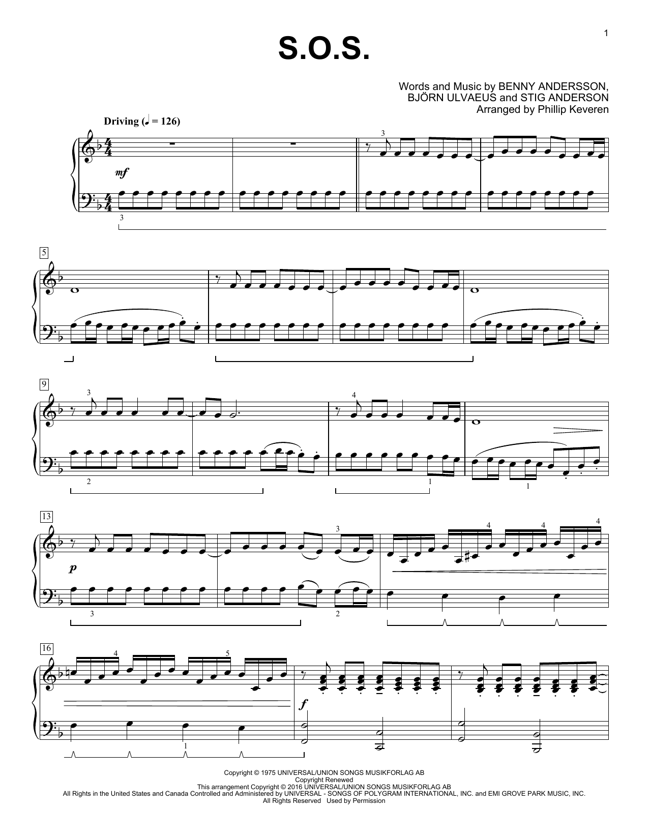 ABBA S.O.S. (arr. Phillip Keveren) sheet music notes and chords arranged for Piano Solo