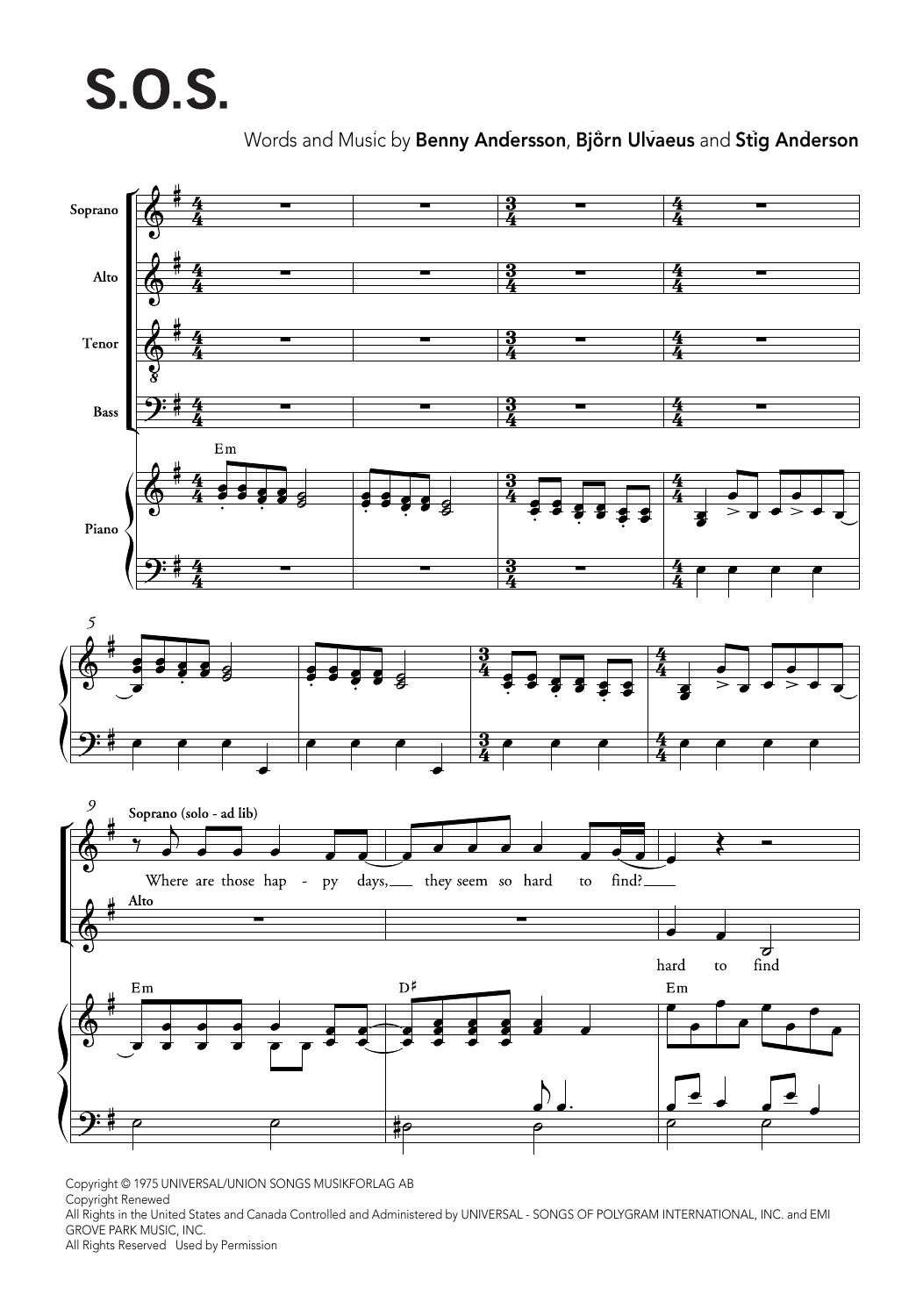 ABBA S.O.S. (arr. Ralph Allwood & Lora Sansun) sheet music notes and chords arranged for SATB Choir