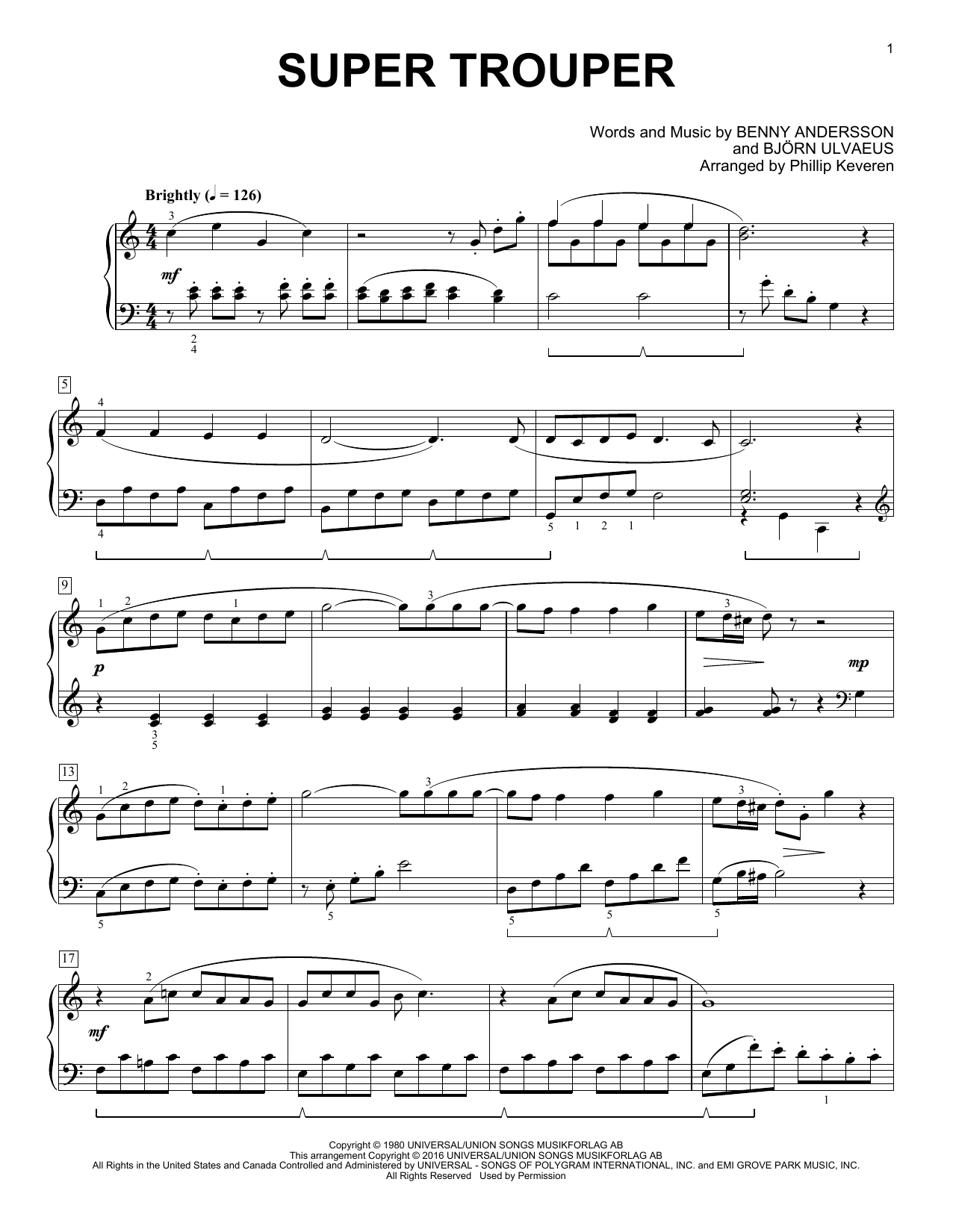 ABBA Super Trouper (arr. Phillip Keveren) sheet music notes and chords arranged for Piano Solo