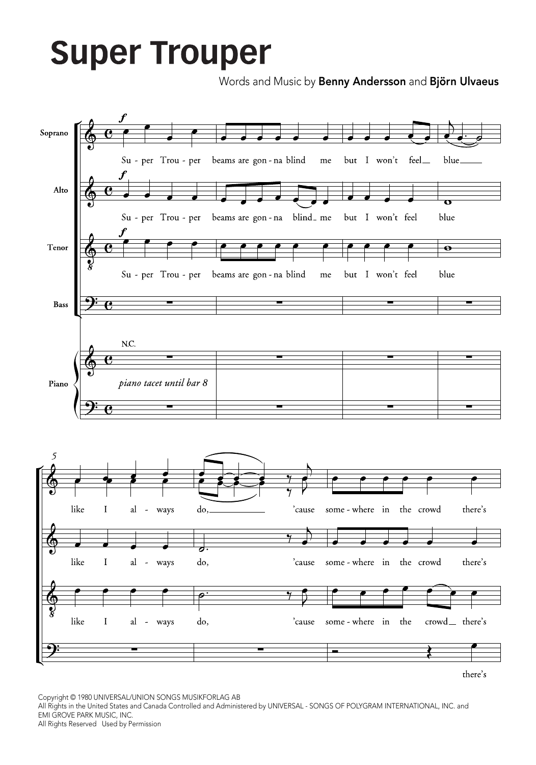 ABBA Super Trouper (arr. Ralph Allwood & Lora Sansun) sheet music notes and chords arranged for SATB Choir
