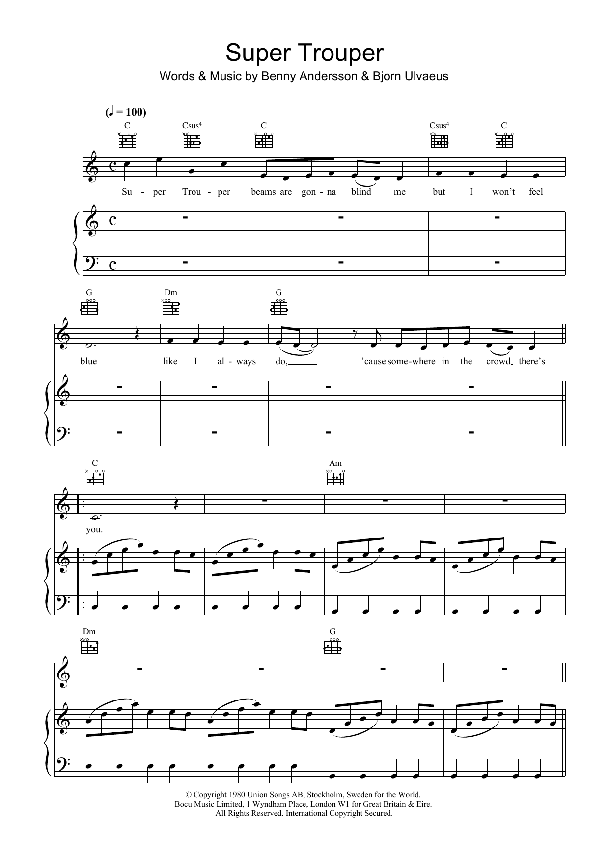 ABBA Super Trouper sheet music notes and chords arranged for Ukulele Chords/Lyrics