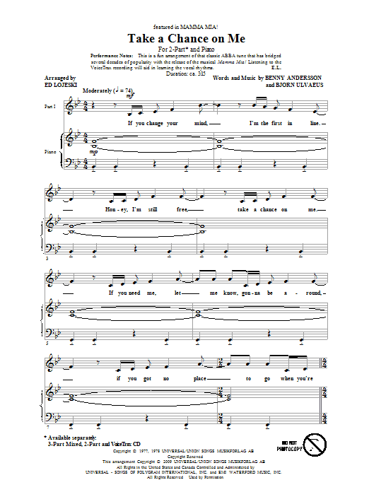 ABBA Take A Chance On Me (arr. Ed Lojeski) sheet music notes and chords arranged for 2-Part Choir