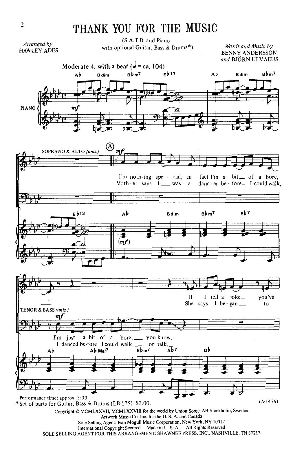 ABBA Thank You For The Music (arr. Hawley Ades) sheet music notes and chords arranged for SATB Choir