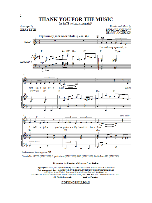 ABBA Thank You For The Music (arr. Jerry Estes) sheet music notes and chords arranged for SSA Choir