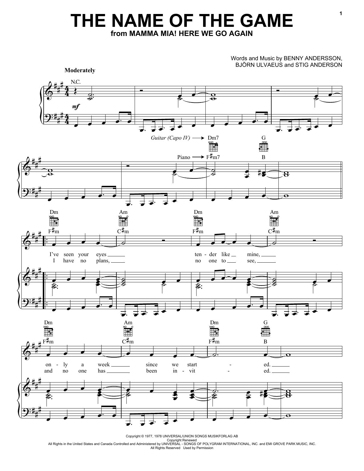 ABBA The Name Of The Game (from Mamma Mia! Here We Go Again) sheet music notes and chords arranged for Easy Piano