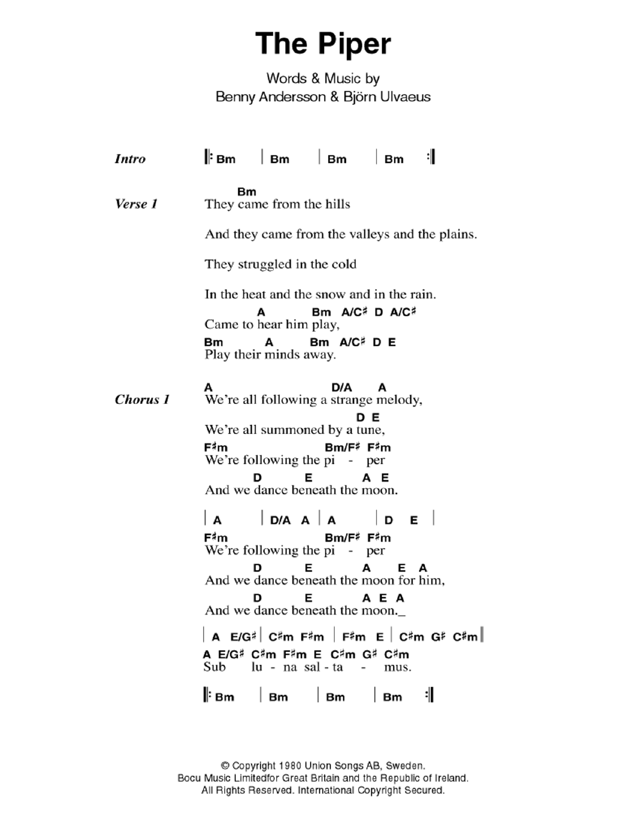 ABBA The Piper sheet music notes and chords arranged for Guitar Chords/Lyrics