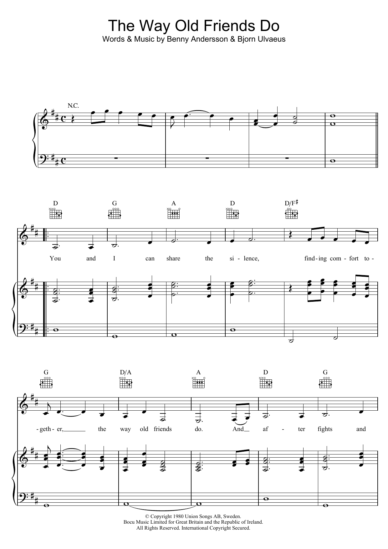 ABBA The Way Old Friends Do sheet music notes and chords arranged for Piano, Vocal & Guitar Chords