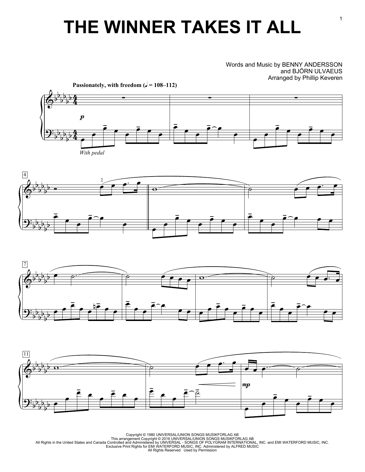 ABBA The Winner Takes It All (arr. Phillip Keveren) sheet music notes and chords arranged for Piano Solo