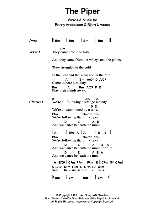 ABBA The Piper sheet music notes and chords arranged for Guitar Chords/Lyrics