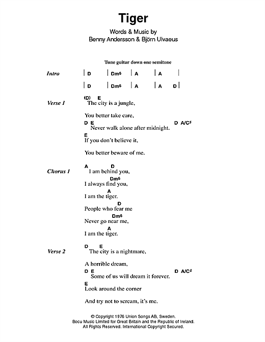 ABBA Tiger sheet music notes and chords arranged for Guitar Chords/Lyrics