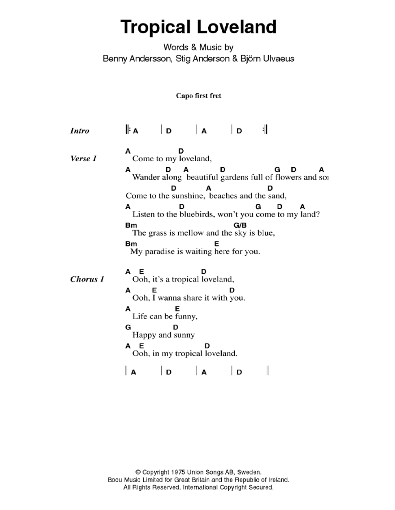 ABBA Tropical Loveland sheet music notes and chords arranged for Guitar Chords/Lyrics