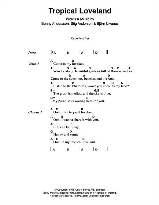 ABBA Tropical Loveland sheet music notes and chords arranged for Guitar Chords/Lyrics