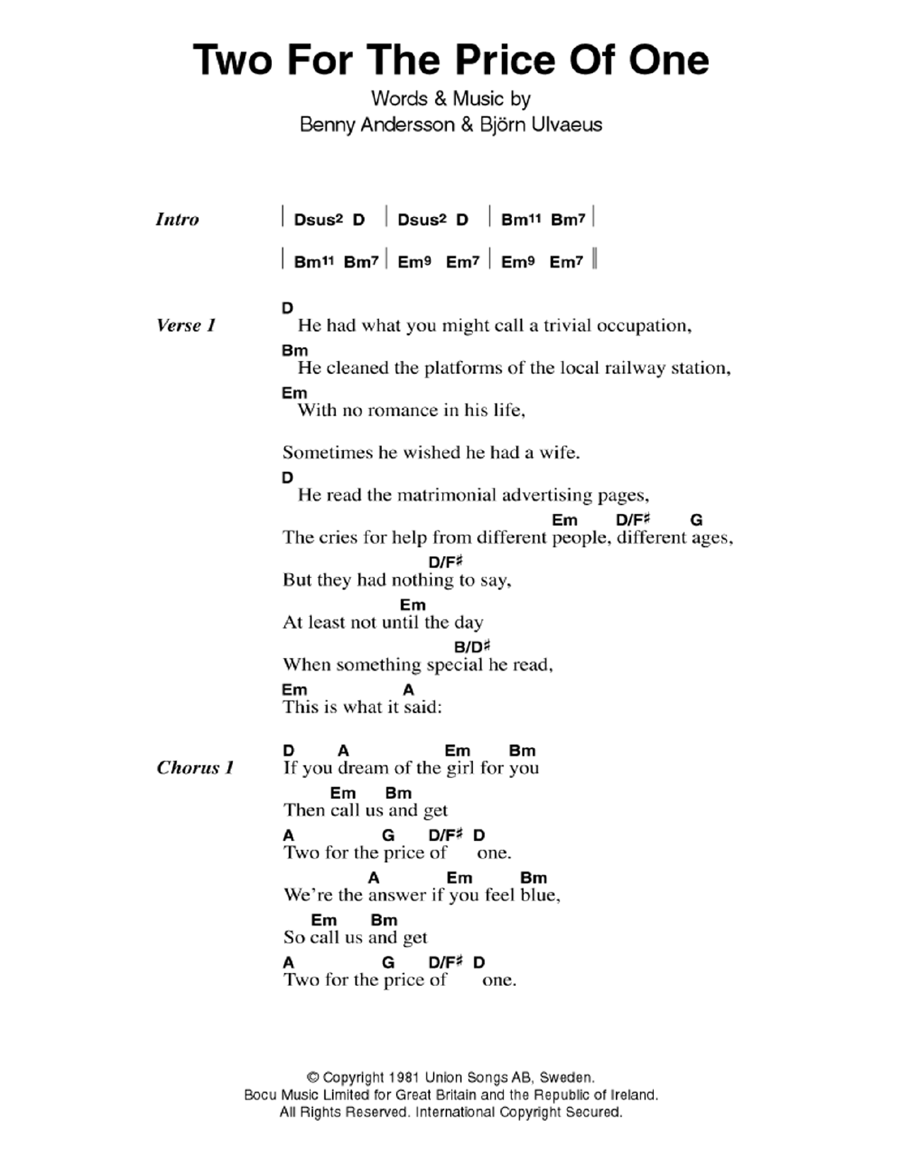 ABBA Two For The Price Of One sheet music notes and chords arranged for Guitar Chords/Lyrics