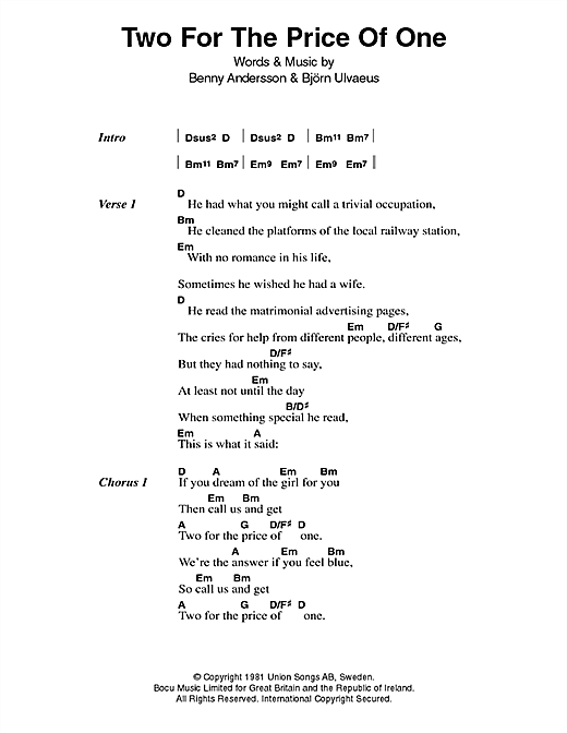 ABBA Two For The Price Of One sheet music notes and chords arranged for Guitar Chords/Lyrics