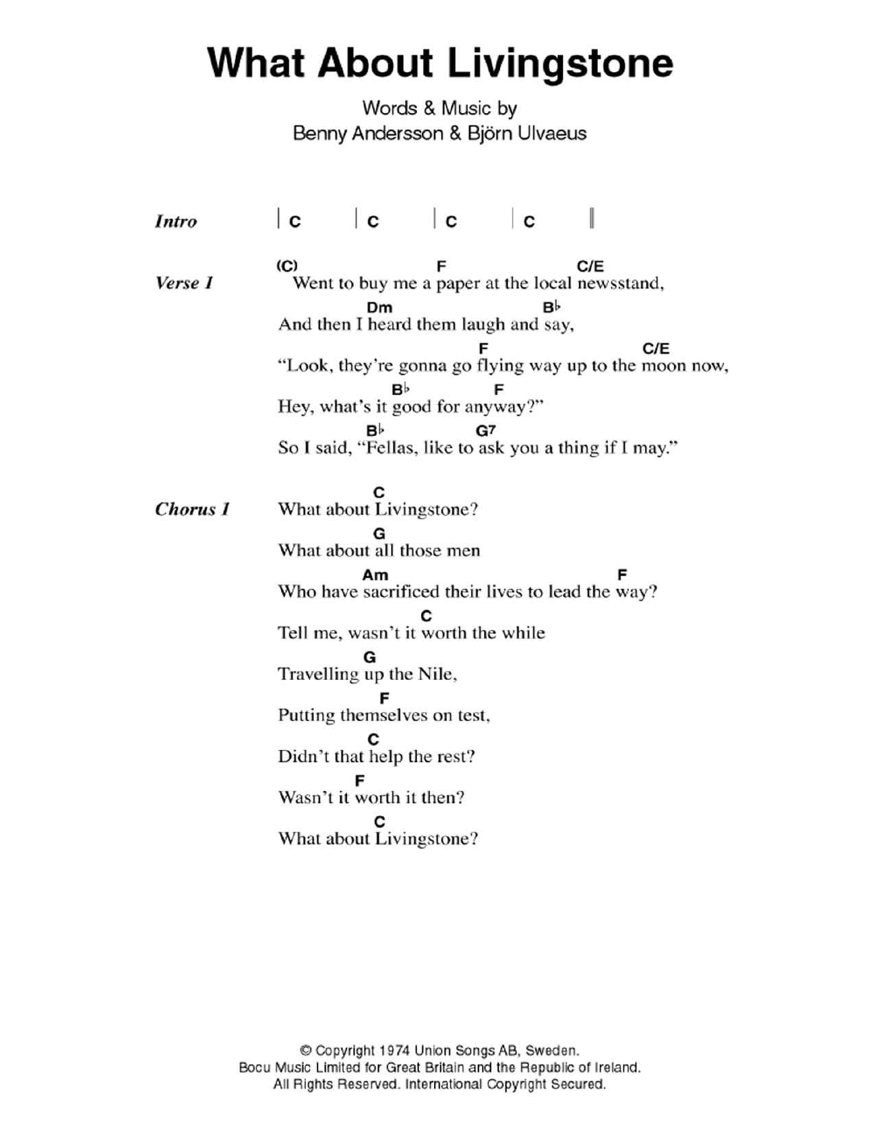 ABBA What About Livingstone sheet music notes and chords arranged for Guitar Chords/Lyrics