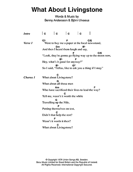 ABBA What About Livingstone sheet music notes and chords arranged for Guitar Chords/Lyrics